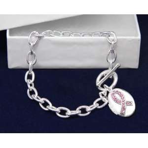 Breast Cancer Ribbon Locket Silver Bracelet Awareness SUpport Pink 