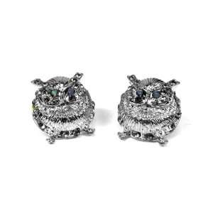   Round Owl in Silver Tone and Crystal Eye Accent Stud Earrings Jewelry