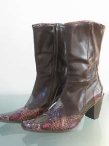   BROWN LEATHER LADIES WESTERN SQUARE TOE BOOTS SNAKESKIN~8.5  
