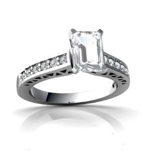  14K White Gold Emerald cut Genuine White Topaz Engagement Ring 